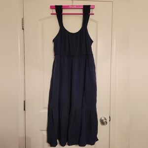 Navy Blue Sleeveless Sundress Empire Waist Ruffle Tiers Midi Maxi Length